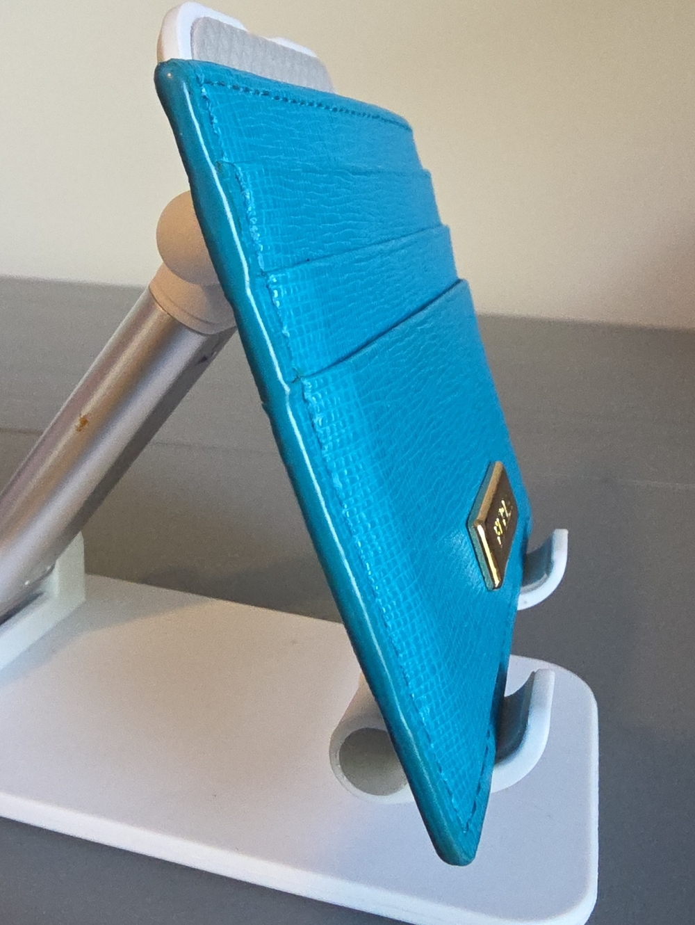 FURLA Teal Card Holder with Gold Plaque - Picture 2 of 7